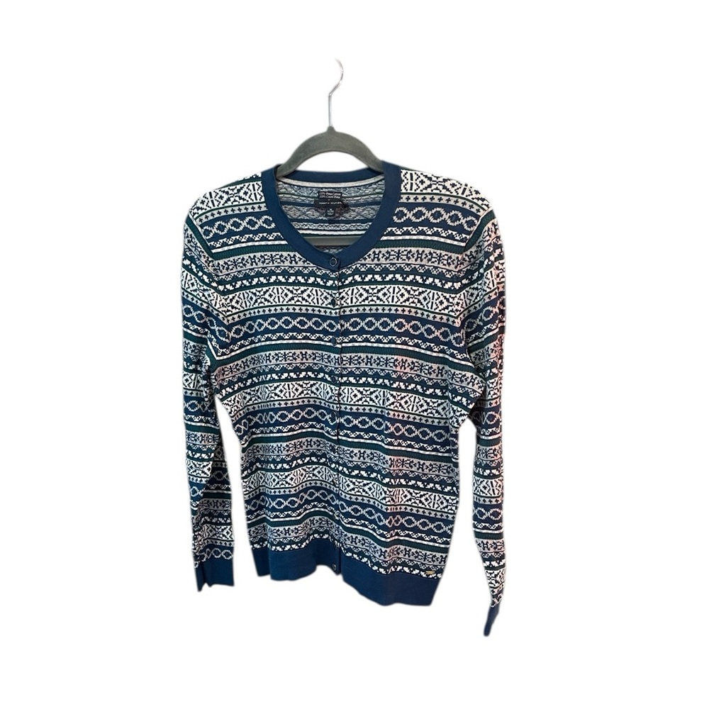 Tommy Hilfiger Blue, white & gray &green Patterned button down Cardi Pima cotton